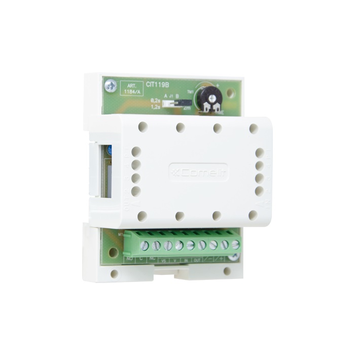 Temporizzatore regolabile 3-180 secondi, comando serrature tensione permanente, 12VAC-DC, montaggio DIN 4 moduli