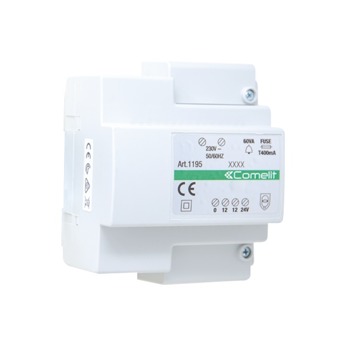 Trasformatore 230VAC/12-24VAC 60VA, montaggio DIN 5 moduli, morsettiera