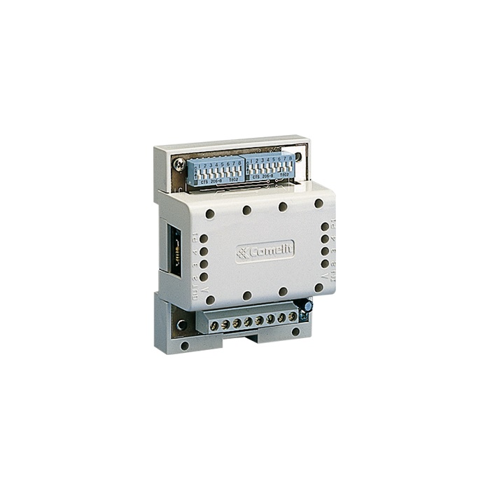 Scambio digitale per impianti Simplebus 1, 2 o più posti esterni, 2 dip-switch 8 posizioni, 12VAC-22VDC, montaggio DIN 4 moduli