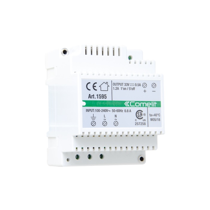 Alimentatore 100-240VAC/33VDC, 500mA continui 1.2A spunto, pulsantiere esterne, 4 moduli DIN