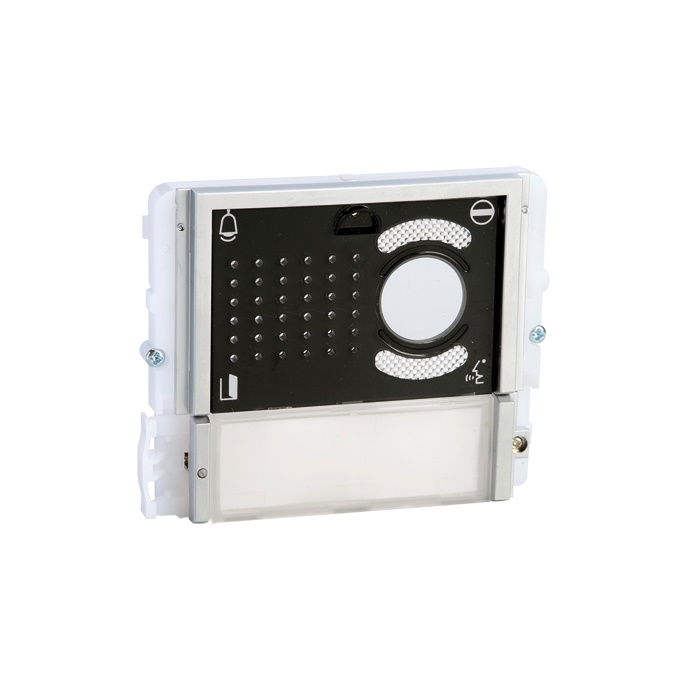 Serie Ikall - Modulo 1 pulsante predisposto per unità audio/video, mascherina nera, cartellini portanome, illuminazione LED blu/bianco/spento
