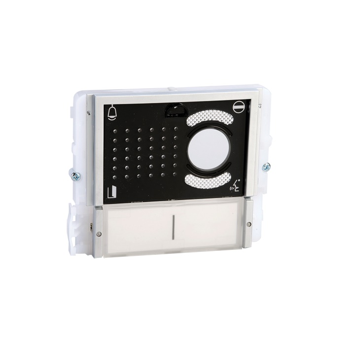 Serie Ikall - Modulo 2 pulsanti predisposto per unità audio/video, mascherina nera, cartellini portanome, illuminazione LED blu/bianco/spento