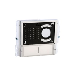 Serie Ikall - Modulo 2 pulsanti predisposto per unità audio/video, mascherina nera, cartellini portanome, illuminazione LED blu/bianco/spento