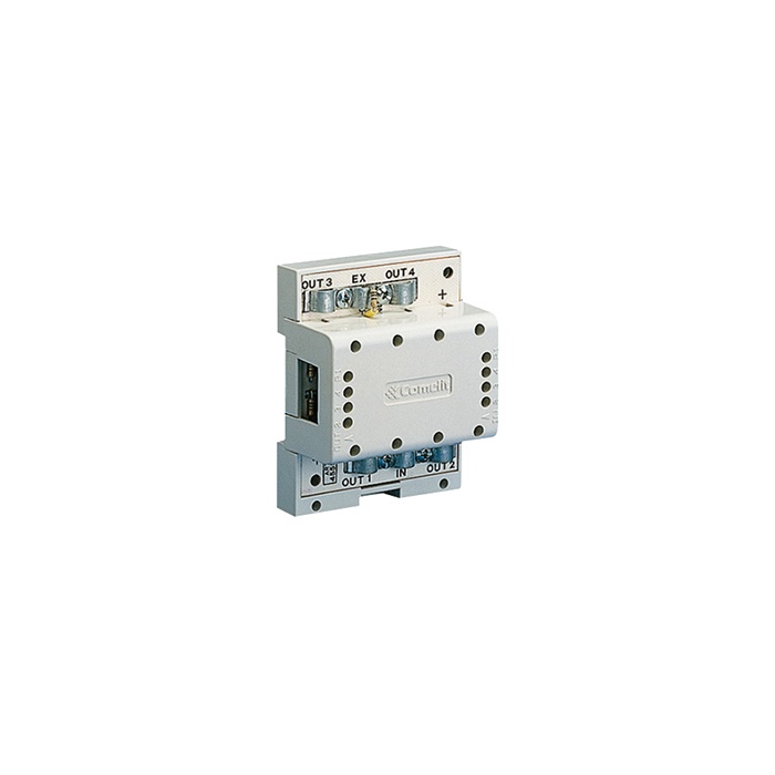 Distributore video PAL, 1 ingresso 4 uscite, 12VDC, montaggio DIN 4 moduli