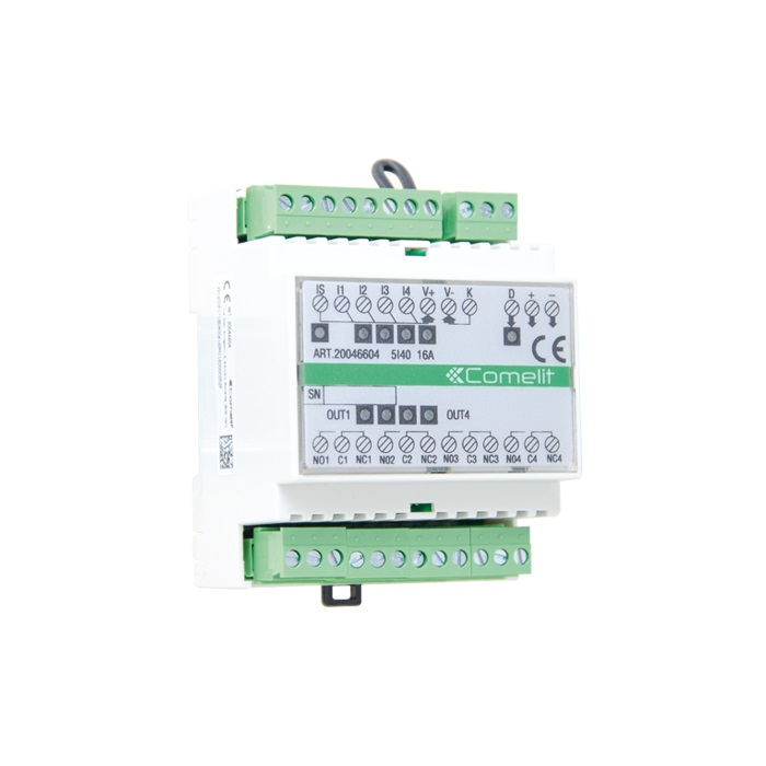 Modulo SimpleHome 5 ingressi/4 uscite relè 16A, montaggio DIN 4 moduli, contatti scambio, 1 ingresso scenario