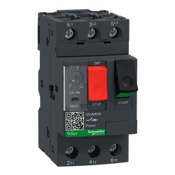 Interruttore automatico magnetotermico GV2ME con controllo a pulsante e range regolazione protezione termica da 2,5 A a 4 A, 3P, connessione a vite