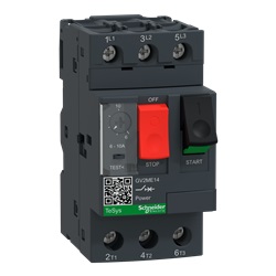 Interruttore automatico magnetotermico GV2ME con controllo a pulsante e range regolazione protezione termica da 6 A a 10 A, 3P, connessione a vite