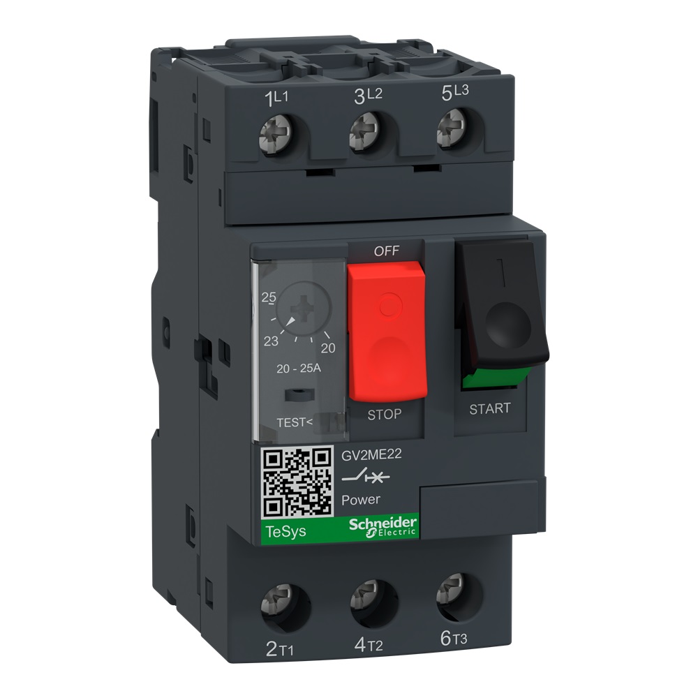 Interruttore automatico magnetotermico GV2ME con controllo a pulsante e range regolazione protezione termica da 20 A a 25 A, 3P, connessione a vite