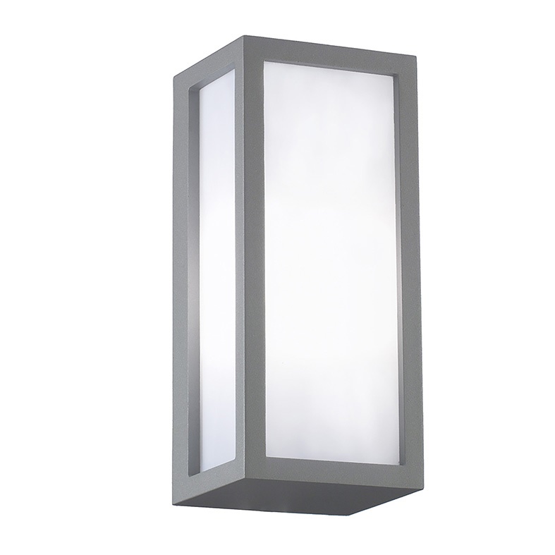 Applique esterno IP55 grigio con attacco E27, struttura alluminio verniciato, diffusore policarbonato, resistente UV e corrosione, ideale illuminazione spazi esterni