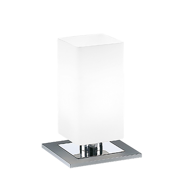 Lampada da tavolo metallo cromato vetro bianco satinato attacco E27 IP20 design minimal