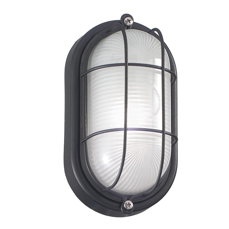 Applique plafoniera ovale nera E27 IP54 per esterno con struttura alluminio resistente urti e vetro satinato