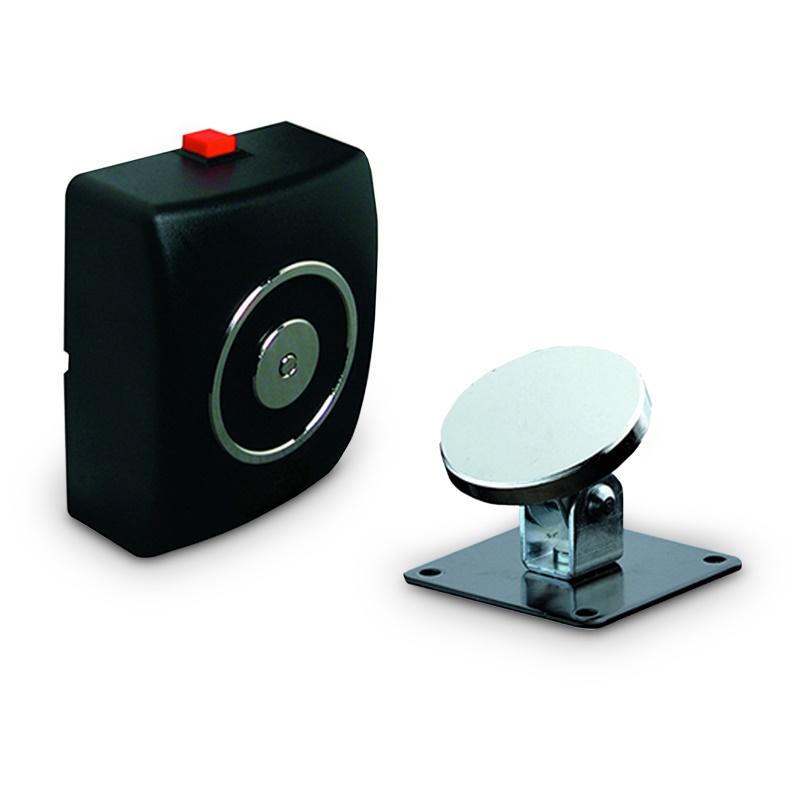 Fermo elettromagnetico 55 Kg con pulsante sblocco, 24 Vcc, porte tagliafuoco, sicurezza antincendio, ABS nero
