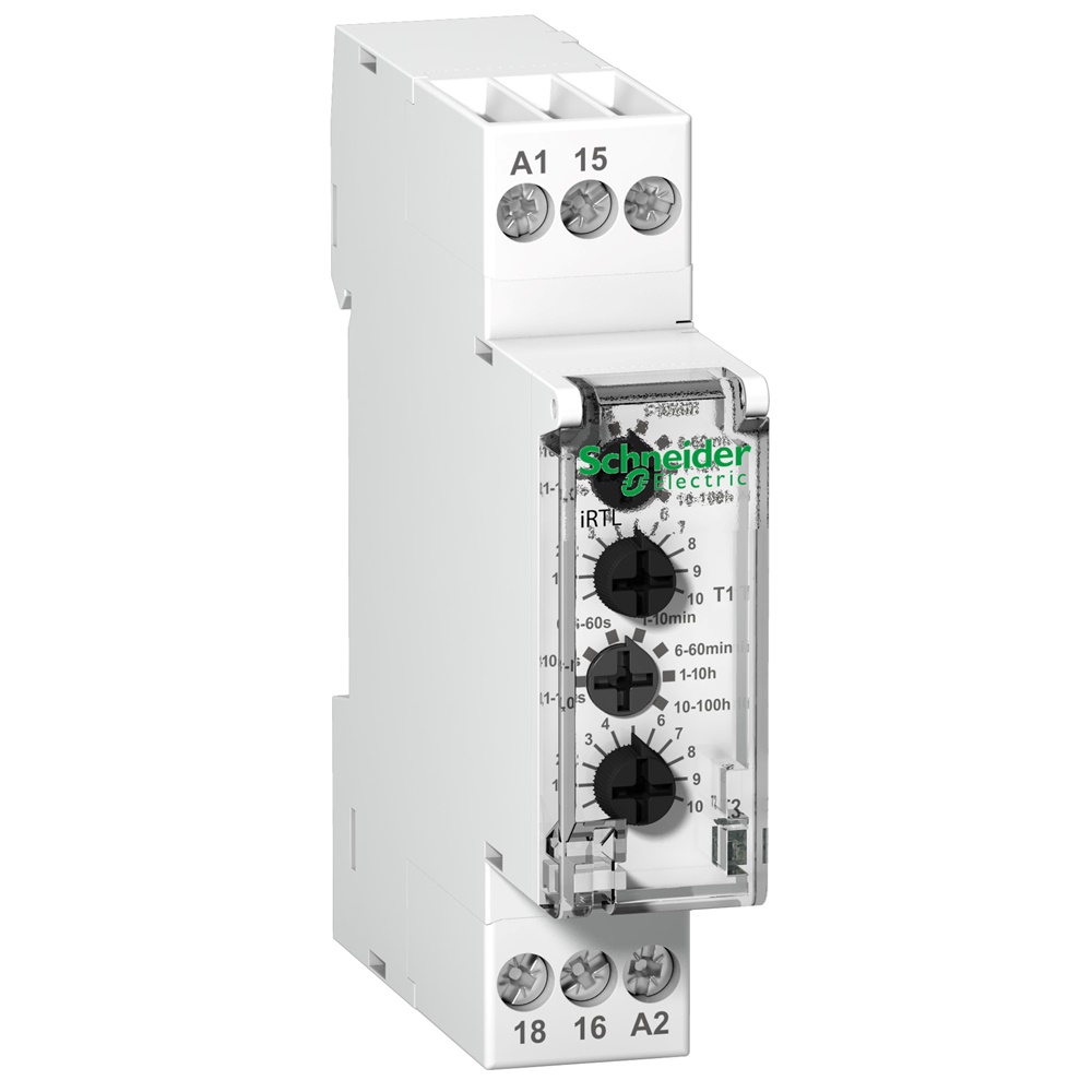 Relè temporizzato Acti9 iRTL 24Vcc-240Vca, ritardo 0,1s-360000s, 21A, IP20, per controllo carichi elettrici