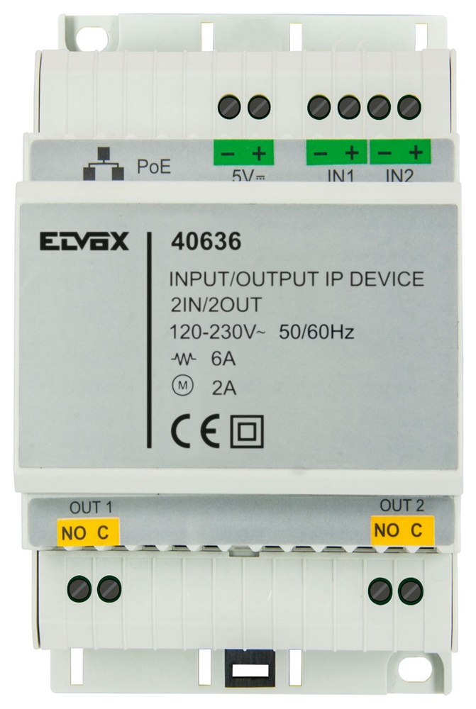 Dispositivo IP 2 ingressi 2 uscite relè 6A 230V PoE montaggio su guida DIN