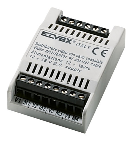 Distributore video al piano 4 uscite cavo coassiale 75 ohm segnali colore e bianco/nero alimentazione 12-18 Vdc
