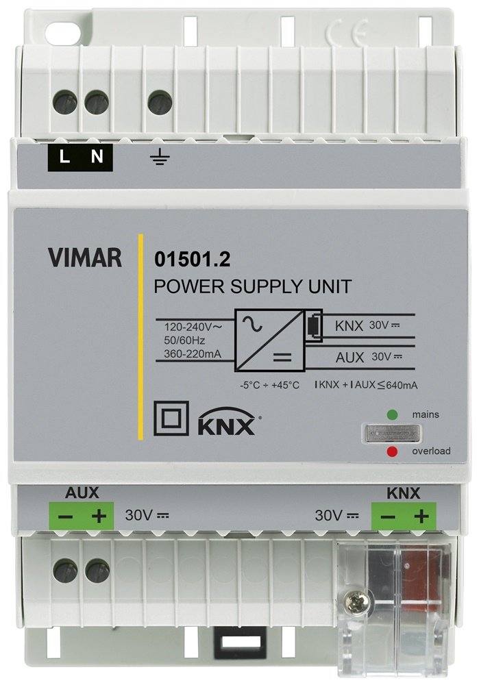 Alimentatore KNX 640mA 30Vdc uscita Bus e ausiliaria montaggio su guida DIN