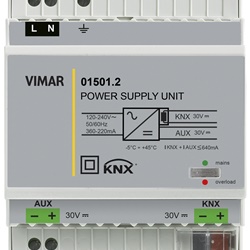 Alimentatore KNX 640mA 30Vdc uscita Bus e ausiliaria montaggio su guida DIN