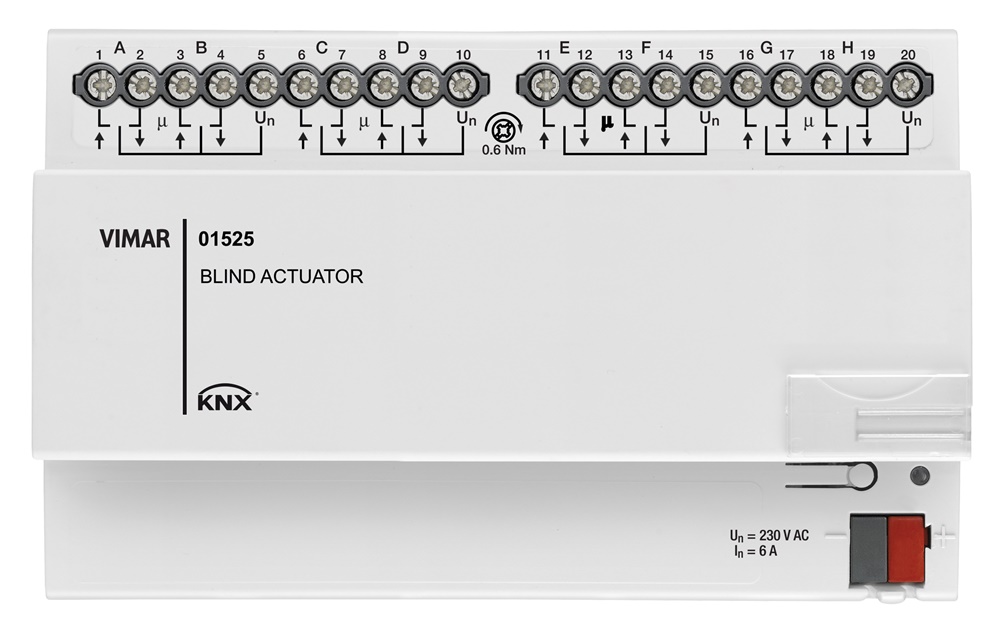 Attuatore 8 uscite relè 6A 230V KNX guida DIN per tapparelle elettriche