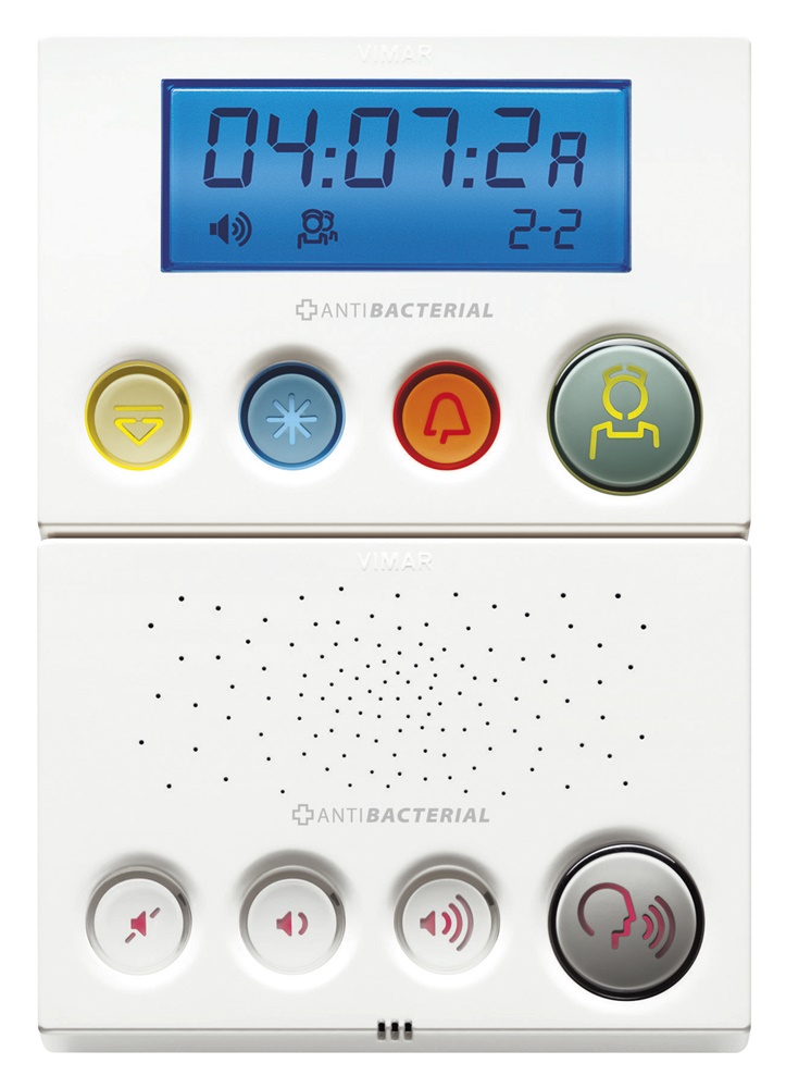 Terminale display e fonico antibatterico 24 Vdc con base doppia installazione semi-incassata pareti leggere bianco