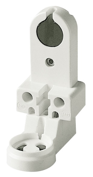 Portalampada fluorescente G13 a vite con portastarter, contatti ottone, fissaggio a vite, uso elettrico fino 80°C, bianco