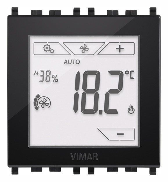 Termostato touch domotico 2 moduli nero controllo temperatura riscaldamento condizionamento fan-coil 3 velocità ambienti residenziali e commerciali