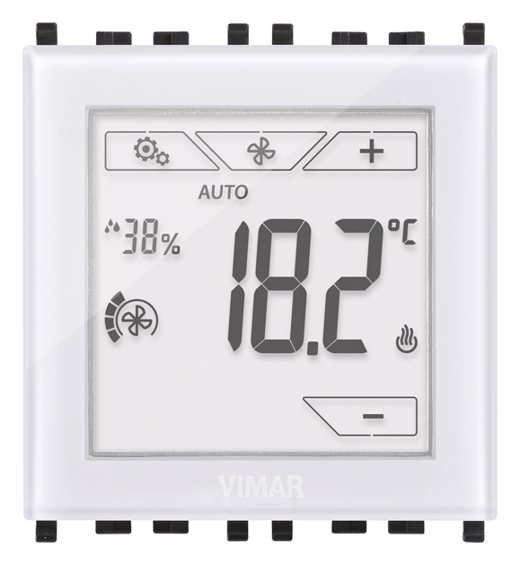 Termostato touch domotico 2 moduli bianco controllo temperatura riscaldamento e condizionamento fan-coil 3 velocità ambienti residenziali e commerciali