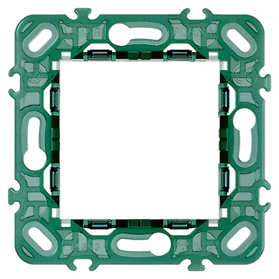 Supporto 2 moduli senza viti per scatole incasso interasse 60 mm o 56x56 mm, compatibile interasse 71 mm, aggancio orizzontale verticale