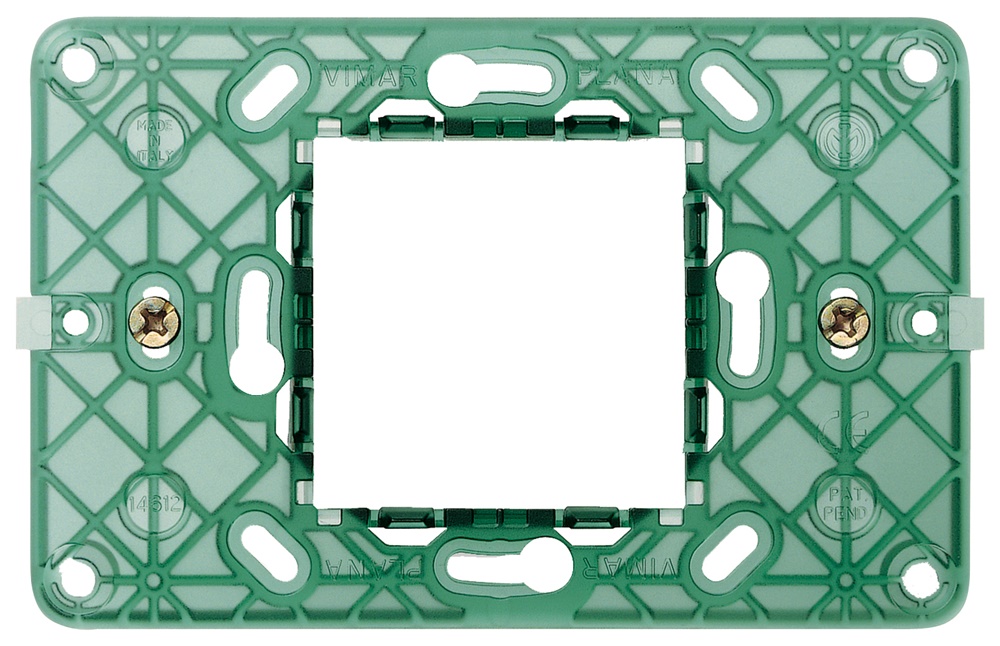 Supporto 2 moduli centrali con viti per scatole incasso 3 moduli interasse 60 mm o 56x56 mm, aggancio orizzontale/verticale