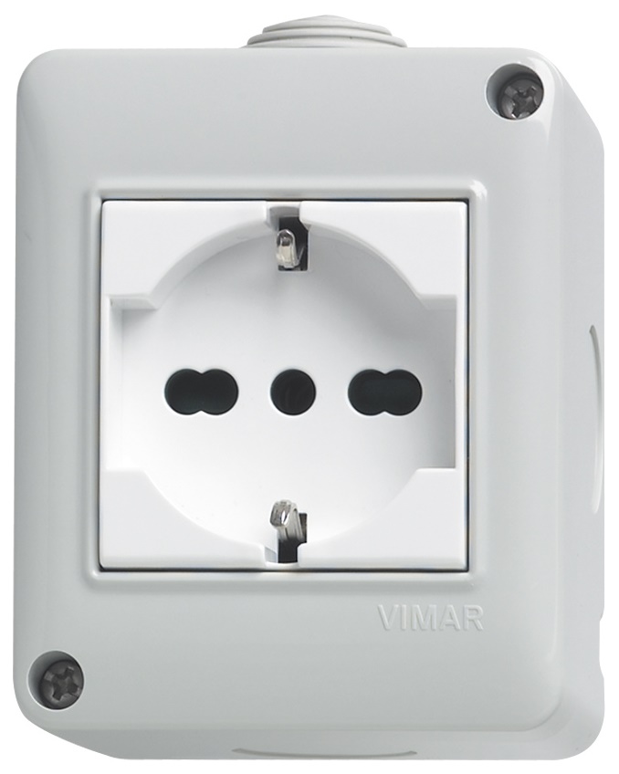 Plana contenitore IP40 2 moduli con presa universale 16A 250V per installazioni a parete