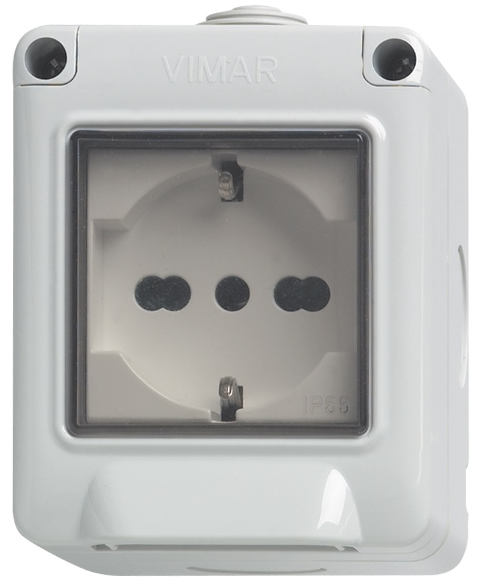 Plana contenitore IP55 2 moduli con presa universale 2P+T 16A 250V per installazione a parete