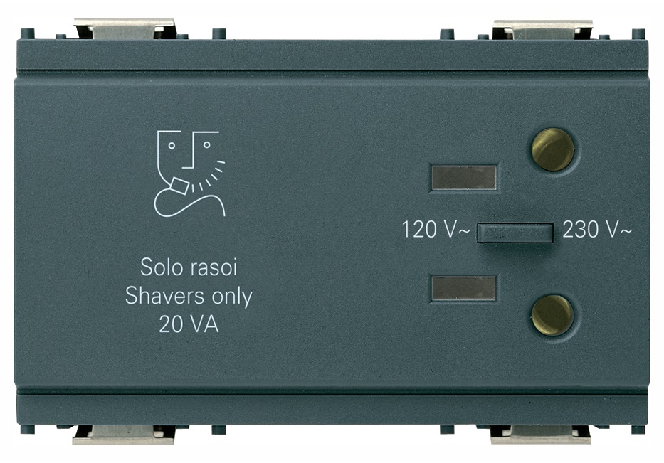 Presa rasoio 230V grigio con trasformatore isolamento 20VA uscita 120V standard USA 3 moduli
