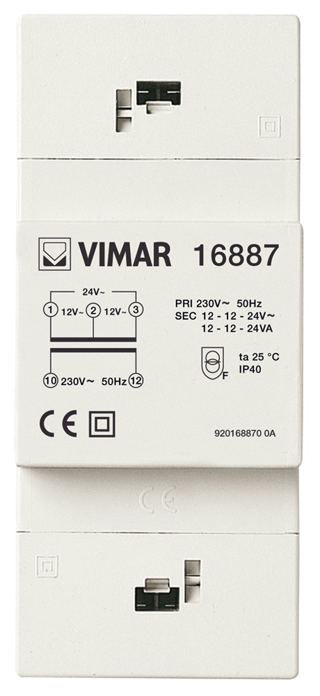 Trasformatore sicurezza 230V 12-24V 24VA SELV installazione su guida DIN per servizio continuo