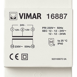 Trasformatore sicurezza 230V 12-24V 24VA SELV installazione su guida DIN per servizio continuo