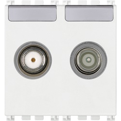 Presa coassiale TV-RD-SAT diretta 2 uscite bianco 5-2400 MHz connettori maschio e tipo F per segnale TV e satellite