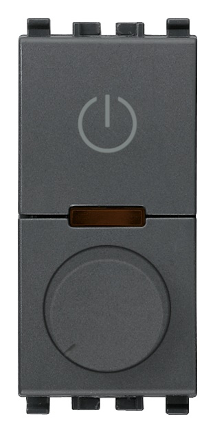 Dimmer master rotativo universale 230V per lampade incandescenza, LED, CFL, trasformatori elettronici, regolazione intensità luminosa, comando ON/OFF integrato, colore grigio