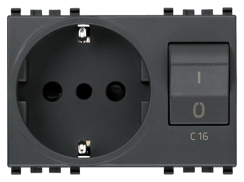 Presa 2P+T 16A P30 interbloccata con magnetotermico C16 230V grigio 3 moduli