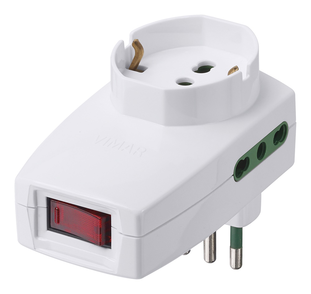 Adattatore multiplo SICURY 250V spina S11 2 prese P17/11 e 1 universale P40 con interruttore 10A bianco