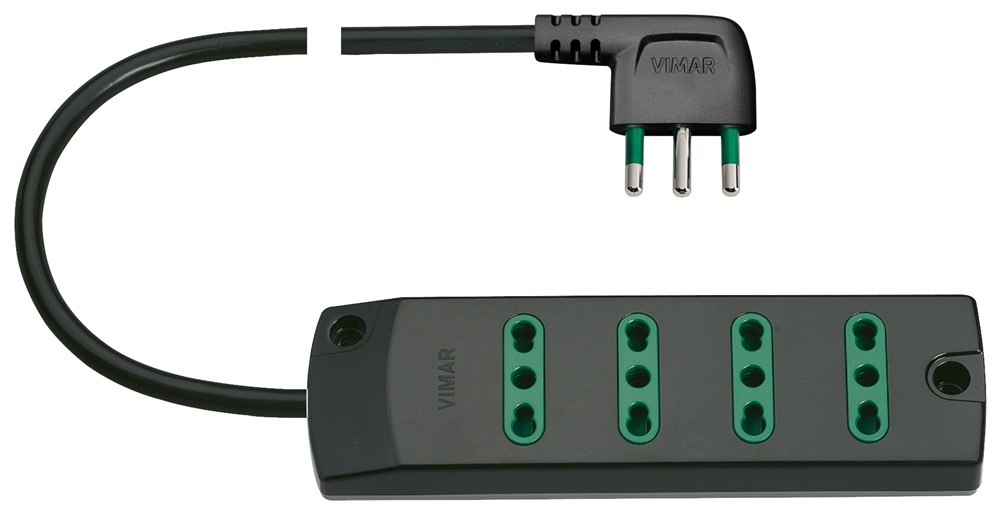 Presa multipla 4 uscite P17/11+S17 16A 250V cavo 1,5m 3G1 nero uscita 90°