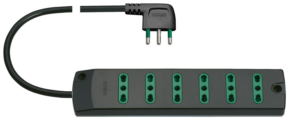 Presa multipla 6 uscite 2P+T 16A 250V cavo 1,5m spina S17 90° nero uso domestico e professionale