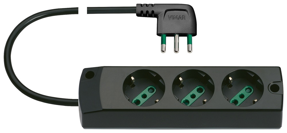 Presa multipla 3 uscite 2P+T 16A 250V cavo 1,5m 3G1 spina S17 90° nero
