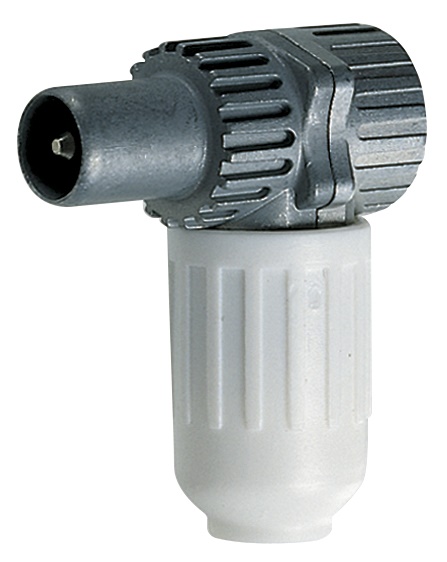 Connettore coassiale TV-RD-SAT maschio uscita cavo 90° bianco per impianti TV e satellitari