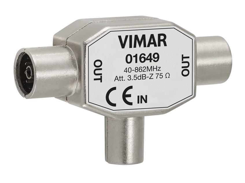 Adattatore multiplo TV coassiale 75 ohm attenuazione 3,5 dB doppia uscita ø 9,5 IEC per segnale TV