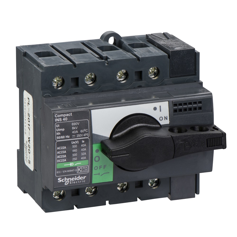 Interruttore sezionatore Compact INS40 40A 4 poli manopola nera isolamento frontale IEC