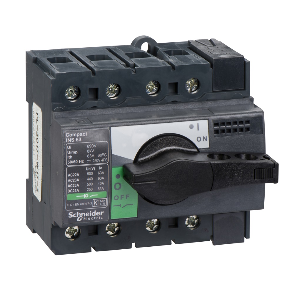 Interruttore sezionatore Compact INS63 63A 4 poli manopola nera isolamento frontale IEC