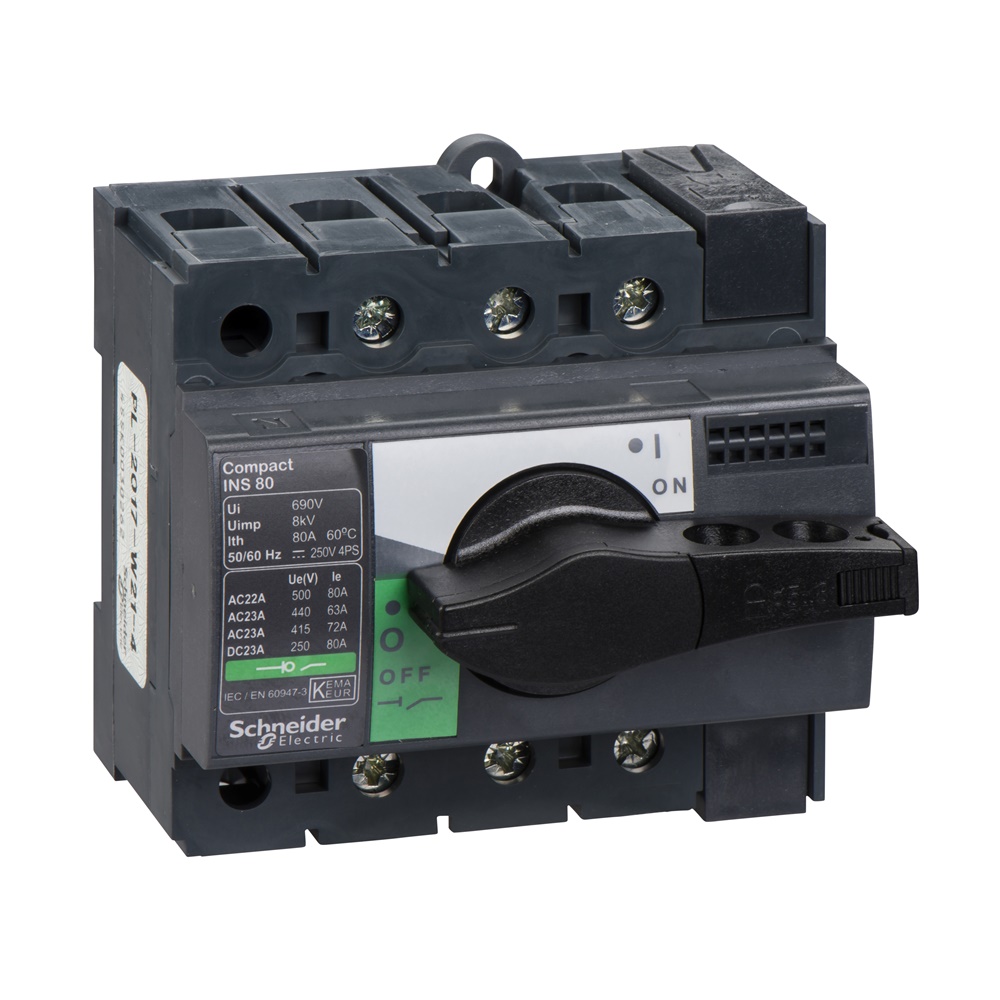 Interruttore sezionatore Compact INS80 80A 3 poli manopola nera isolamento frontale IEC