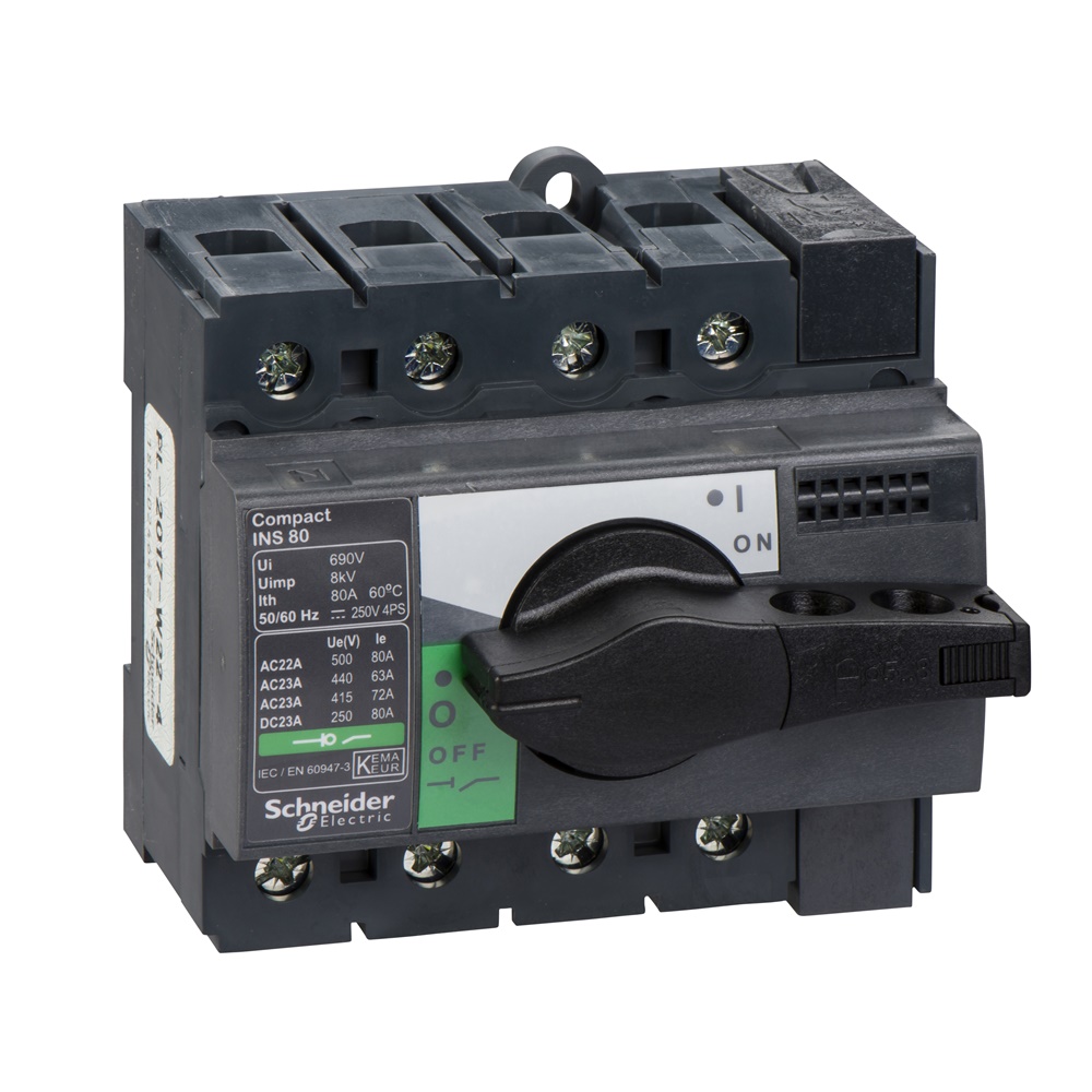 Interruttore sezionatore Compact INS80 80A 4 poli manopola nera isolamento frontale IEC