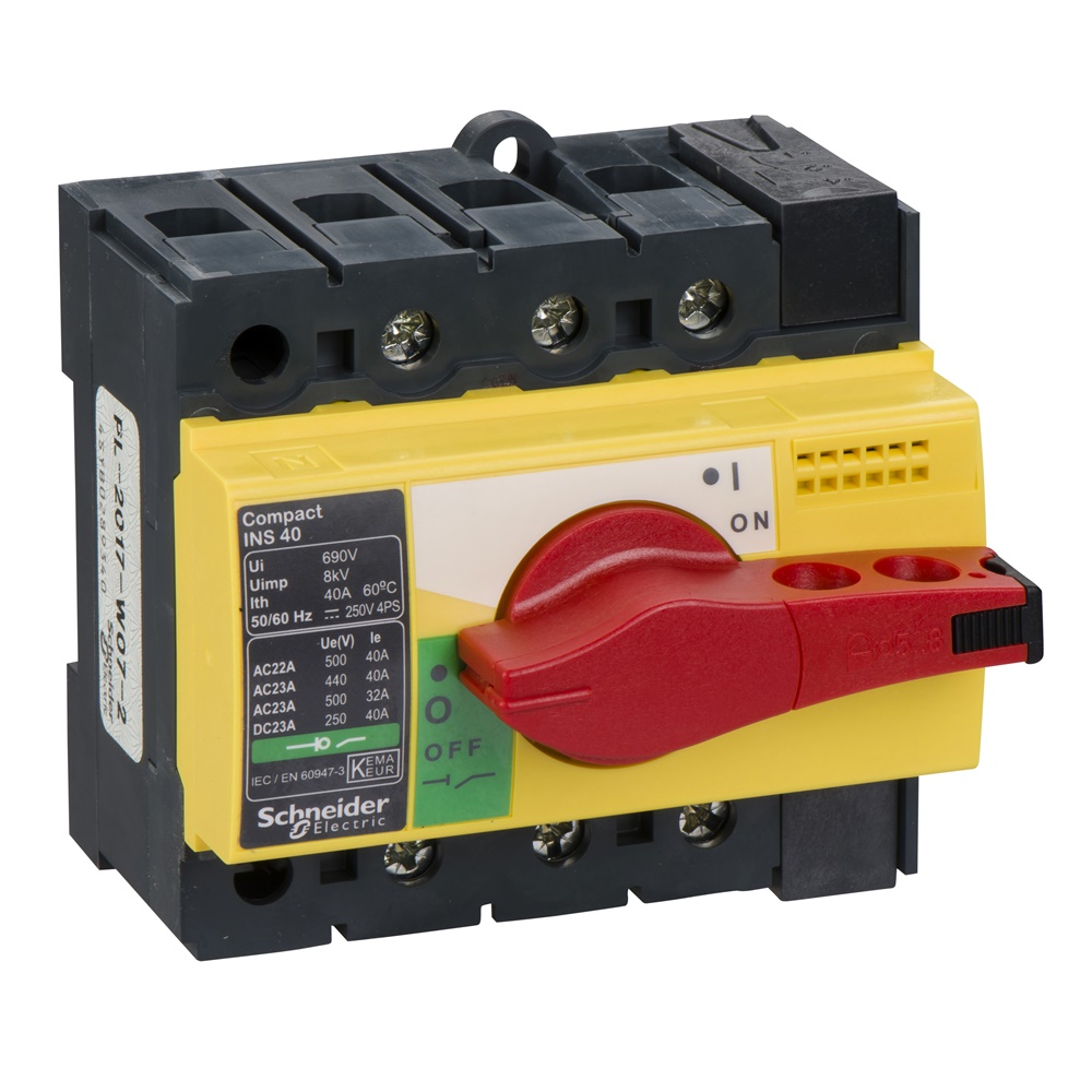 Interruttore sezionatore Compact INS40 40A 3 poli manopola rossa emergenza isolamento frontale