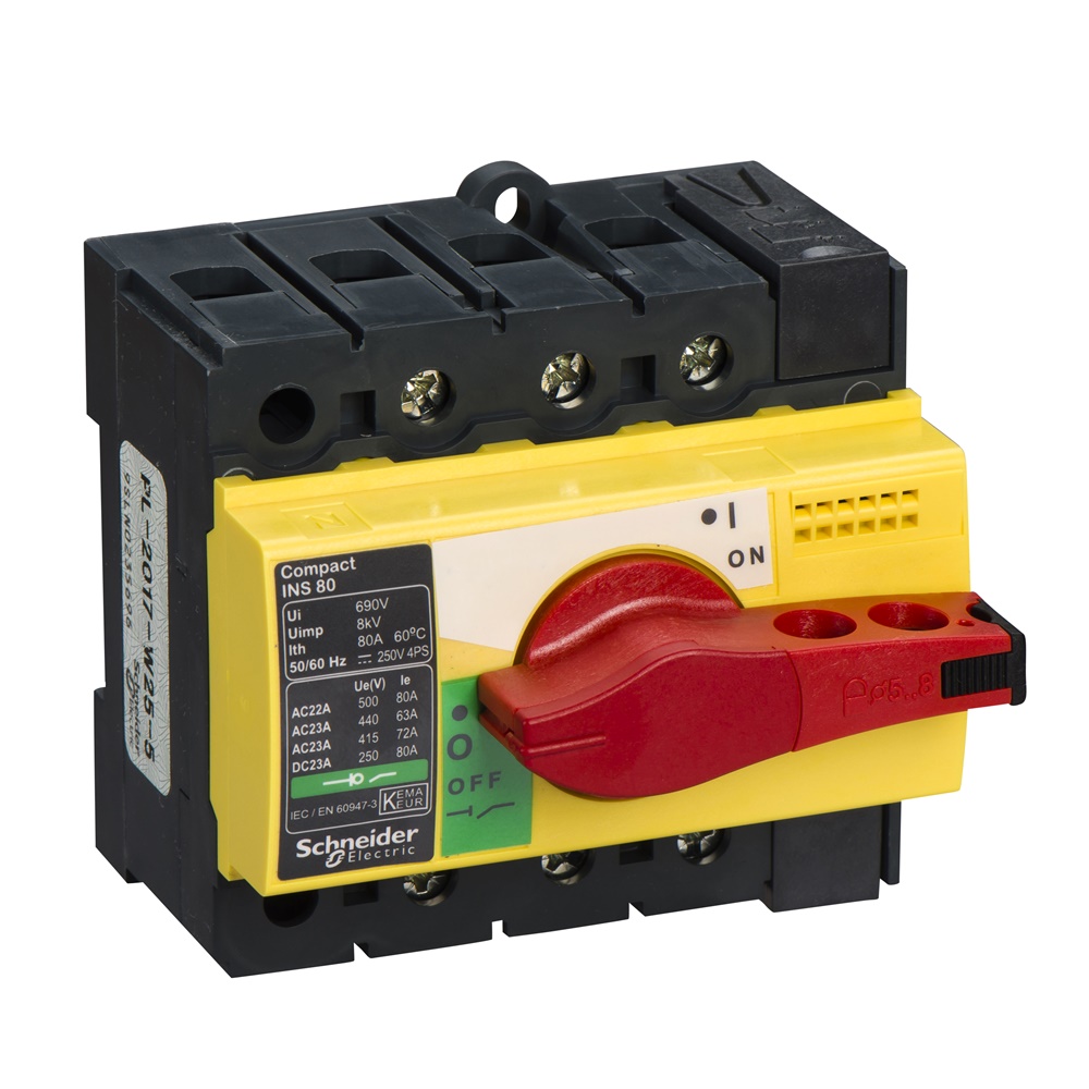 Interruttore sezionatore Compact INS80 80A 3 poli manopola rossa emergenza isolamento frontale
