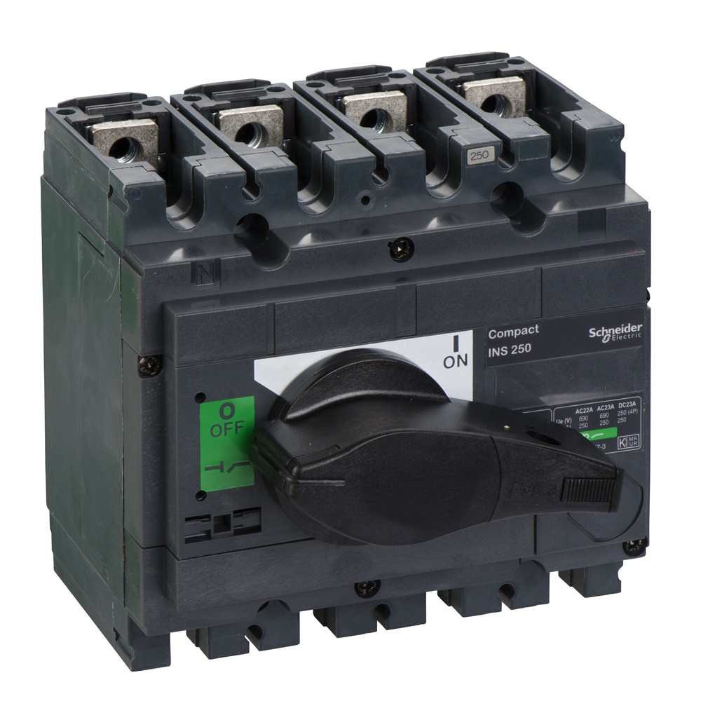 Interruttore sezionatore Compact INS250 250A 4 poli maniglia nera isolamento frontale IEC