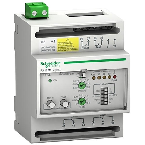 Relè di protezione corrente differenziale, VigiPacT, RH197M, 30mA-30A, 220/240VAC 50/60Hz, allarme 50% o 100%, montaggio su guida DIN